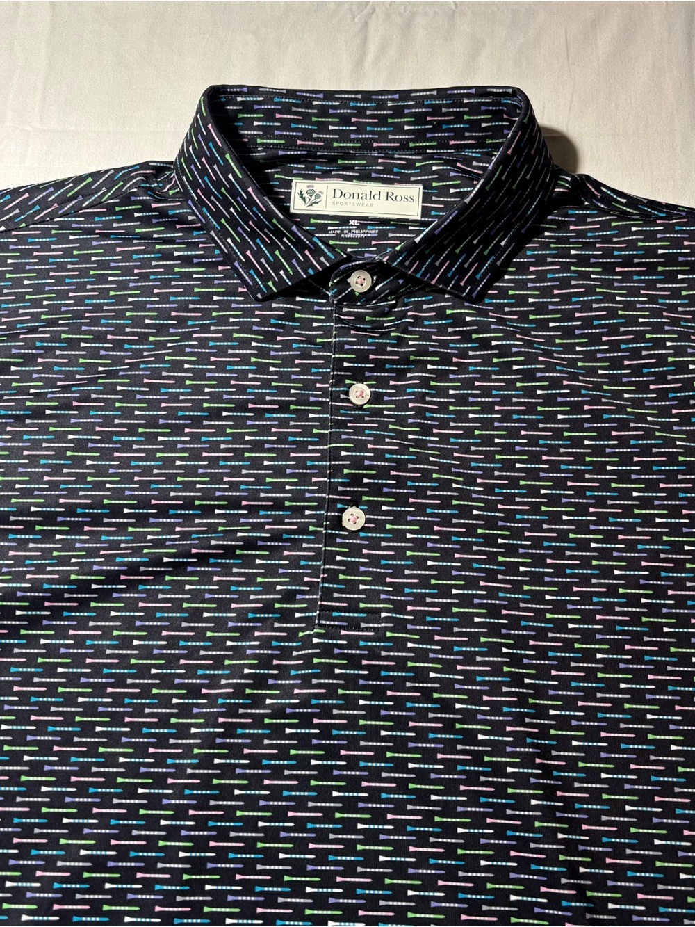 Donald Ross Men's Black Patterned Performance Polo with Multi-Color Golf Tees